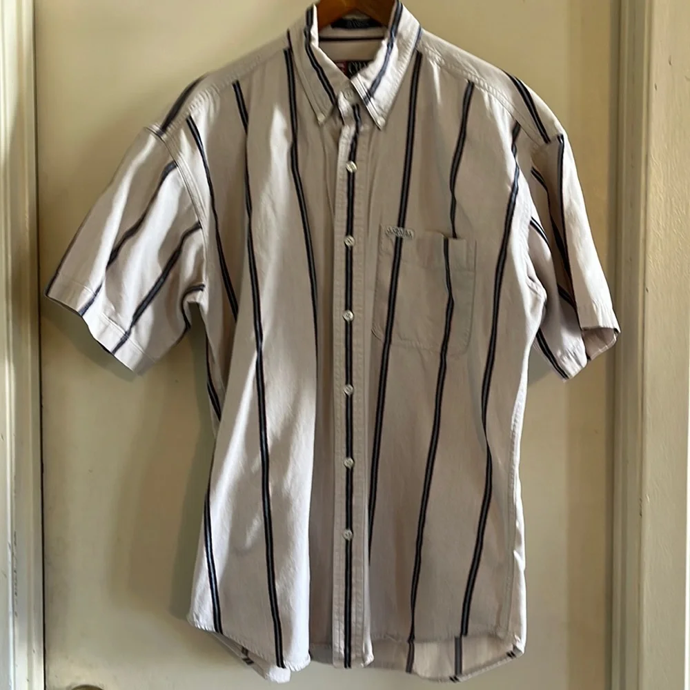 Chaps Ralph Lauren Vintage 1980s Cream Striped Short Sleeve Dress Shirt |M - Picture 1 of 9